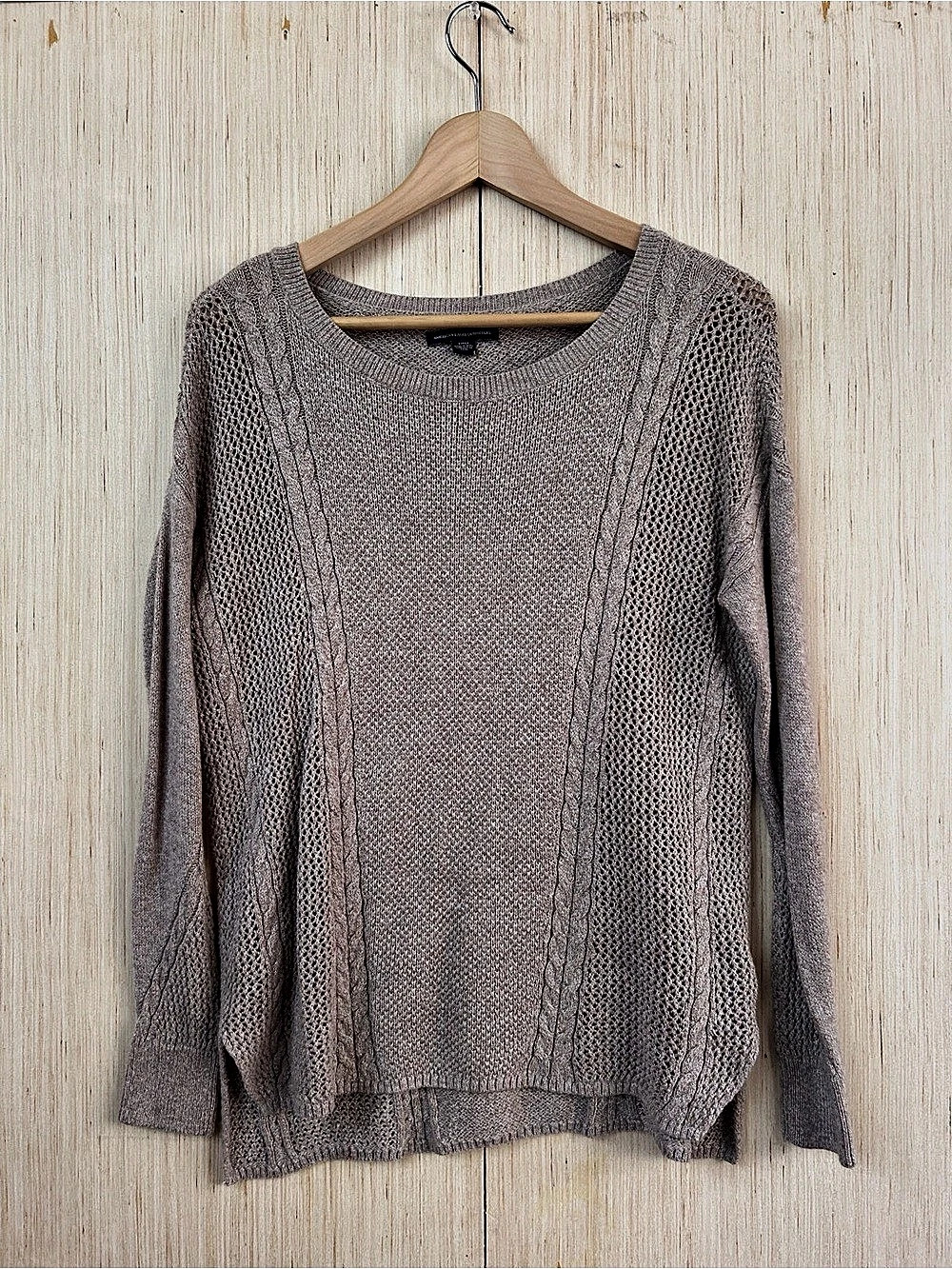 American Eagle Outfitters Open Knit Crewneck Sweater in Beige